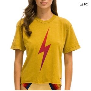 Aviator nation Lightning Bolt Graphic  - Yellow with a red bolt XS boyfriend Tee